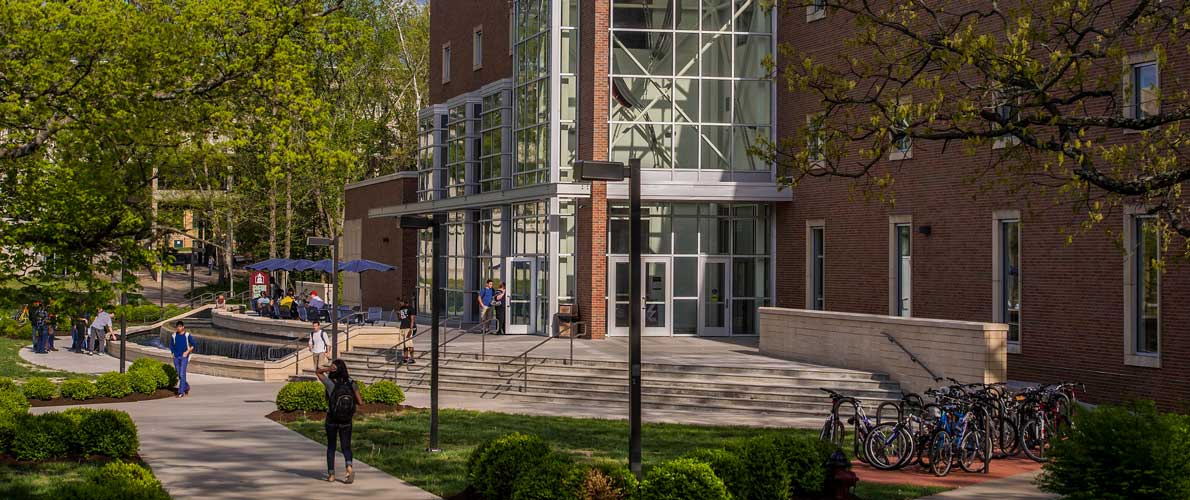 Wide shot of students with campus library